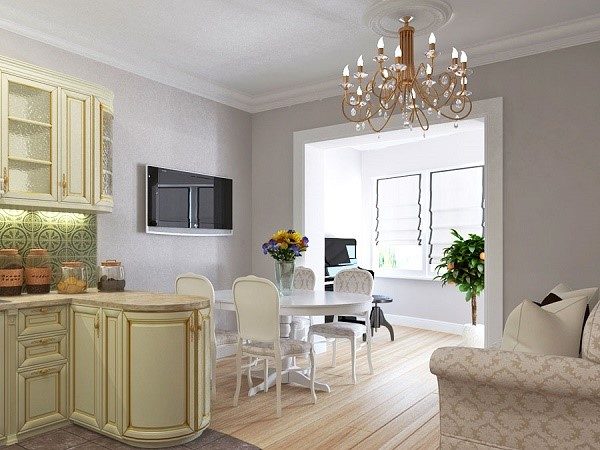 Классический способ разделения пространства в маленьких квартирах заключается в создании двух главных зон: кухни и гостиной
