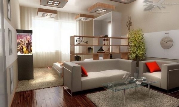 Зонирование комнаты стеллажом и диваном одновременно – также весьма эффективное решение