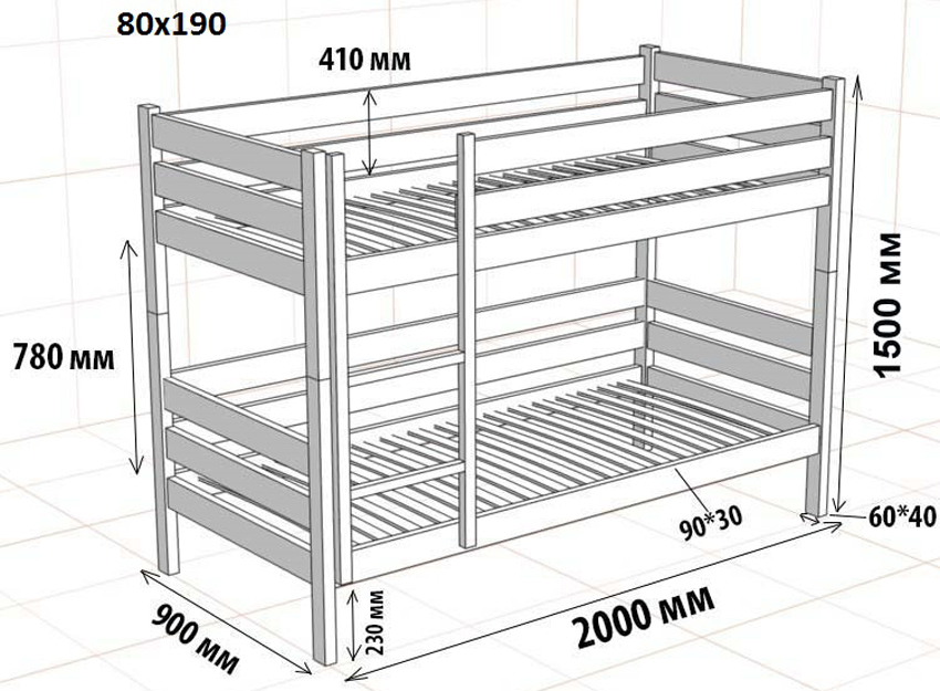 Односпальная двухъярусная кровать размеры